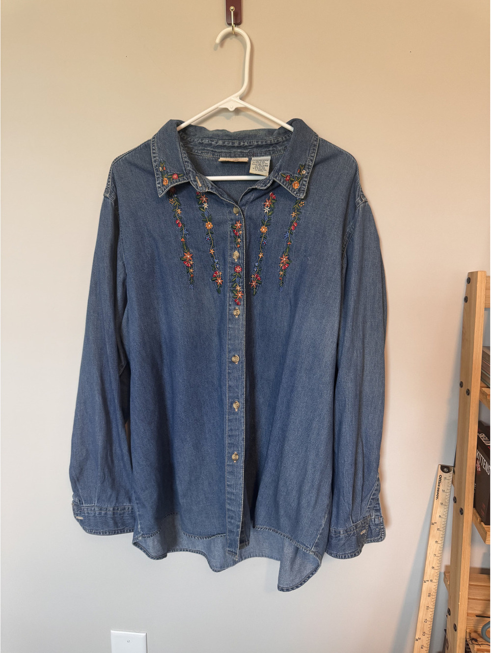 VTG Faded Glory Denim Shirt Floral Embroidered Button Up Grandmacore 22/24